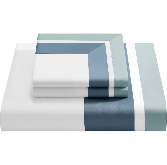 Casabolaj Shading 3 Pieces Do Not Include Filling Duvet Cover Set 100% Egyptian Cotton Sateen Luxury 400 TC Frame Patchwork Button Closure and Corner Ties-White/Blue/Sapphire (King)