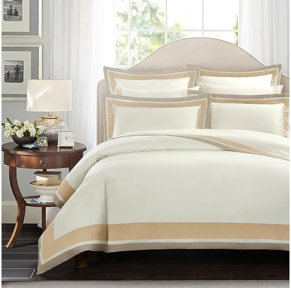 Casabolaj Shading 3 Pieces Duvet Cover Set Do Not Include Filling 100% Egyptian Cotton Sateen Luxury 400 Thread Count-Classic and Contemporary Frame Patchwork Cream/Beige/Champange (King)