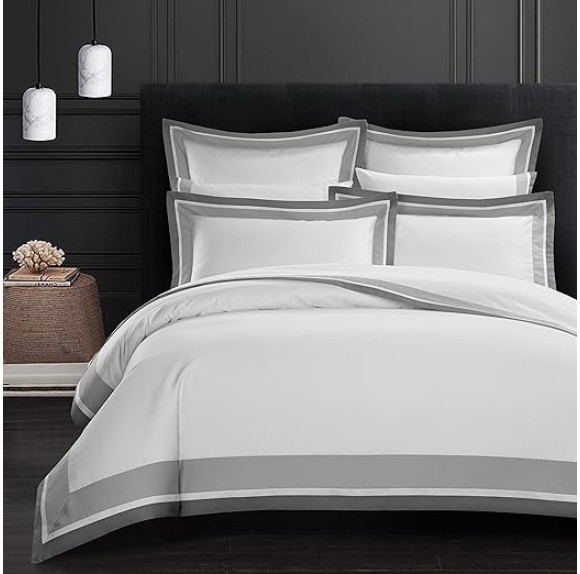 Casabolaj Shading 3 Pieces Do Not Include Filling Duvet Cover Set 100% Egyptian Cotton Sateen Luxury 400 TC Frame Patchwork Button Closure and Corner Ties-White/Taupe/Grey (Queen)