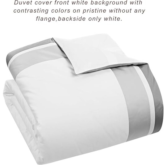 Casabolaj Shading 3 Pieces Do Not Include Filling Duvet Cover Set 100% Egyptian Cotton Sateen Luxury 400 TC Frame Patchwork Button Closure and Corner Ties-White/Taupe/Grey (Queen)
