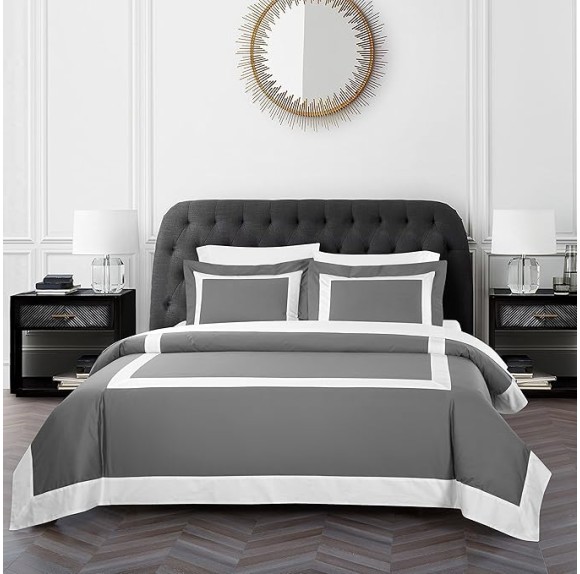 Casabolaj Bicolore Collection Duvet Covers Set 3 Pieces Do Not Include Filling Classic European 100% Egyptian Cotton Sateen Luxury 400 Thread Count Frame Patchwork Manufacturing(Grey/White,King)