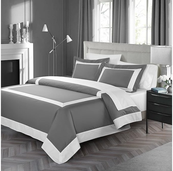 Casabolaj Bicolore Collection Duvet Covers Set 3 Pieces Do Not Include Filling Classic European 100% Egyptian Cotton Sateen Luxury 400 Thread Count Frame Patchwork Manufacturing(Grey/White,King)