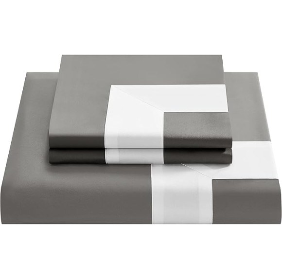 Casabolaj Bicolore Collection Duvet Covers Set 3 Pieces Do Not Include Filling Classic European 100% Egyptian Cotton Sateen Luxury 400 Thread Count Frame Patchwork Manufacturing(Grey/White,King)