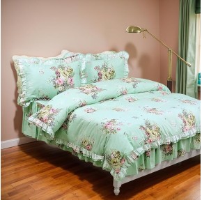 Shabby Green Floral Bedding 100% Cotton Princess Lace Ruffle Girls Duvet Cover Set with Bedskirt, 4Pcs, King Size