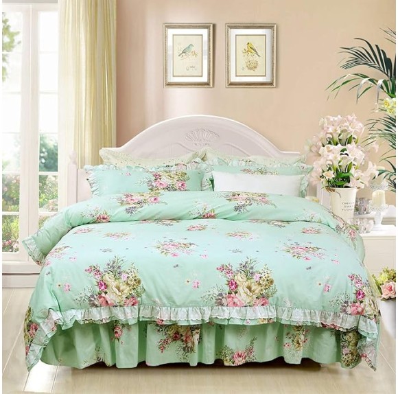 Shabby Green Floral Bedding 100% Cotton Princess Lace Ruffle Girls Duvet Cover Set with Bedskirt, 4Pcs, King Size