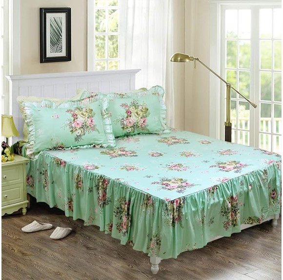 Shabby Green Floral Bedding 100% Cotton Princess Lace Ruffle Girls Duvet Cover Set with Bedskirt, 4Pcs, King Size