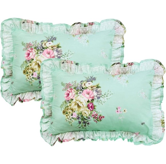Shabby Green Floral Bedding 100% Cotton Princess Lace Ruffle Girls Duvet Cover Set with Bedskirt, 4Pcs, King Size