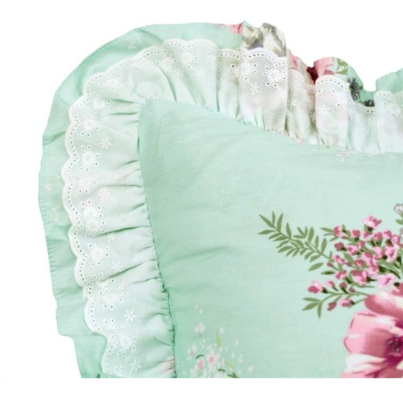 Shabby Green Floral Bedding 100% Cotton Princess Lace Ruffle Girls Duvet Cover Set with Bedskirt, 4Pcs, King Size