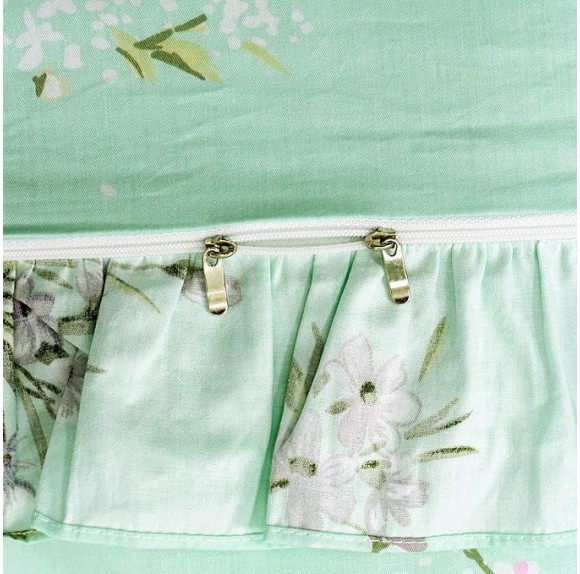 Shabby Green Floral Bedding 100% Cotton Princess Lace Ruffle Girls Duvet Cover Set with Bedskirt, 4Pcs, King Size