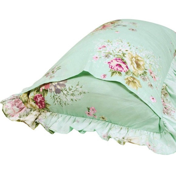 Shabby Green Floral Bedding 100% Cotton Princess Lace Ruffle Girls Duvet Cover Set with Bedskirt, 4Pcs, King Size