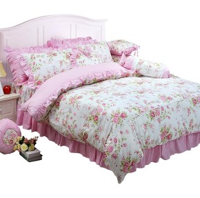 Shabby Pink Duvet Cover Set Rose Floral Bedding Collection Elegant Princess Lace Ruffle Quilt Cover Set for Girls 4 Pieces King Size