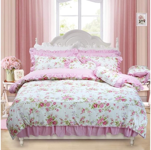Shabby Pink Duvet Cover Set Rose Floral Bedding Collection Elegant Princess Lace Ruffle Quilt Cover Set for Girls 4 Pieces King Size