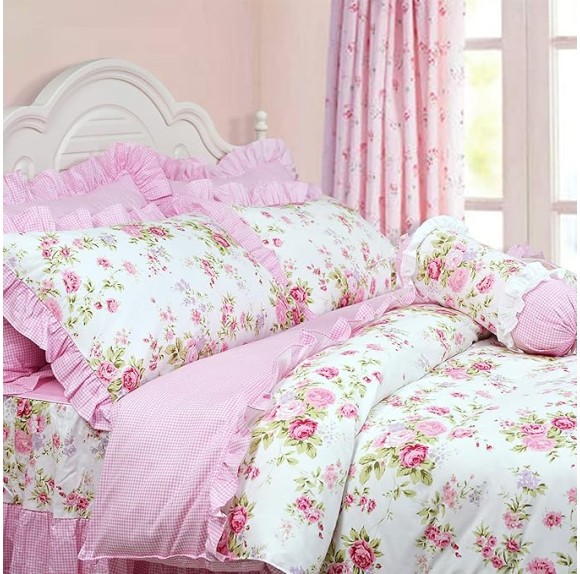 Shabby Pink Duvet Cover Set Rose Floral Bedding Collection Elegant Princess Lace Ruffle Quilt Cover Set for Girls 4 Pieces King Size