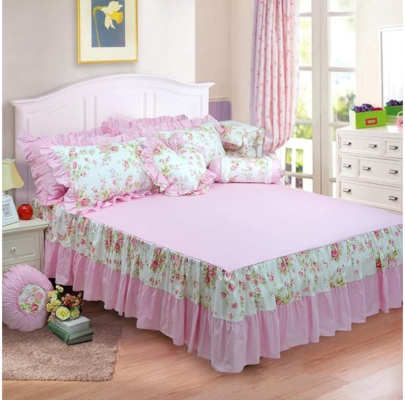 Shabby Pink Duvet Cover Set Rose Floral Bedding Collection Elegant Princess Lace Ruffle Quilt Cover Set for Girls 4 Pieces King Size