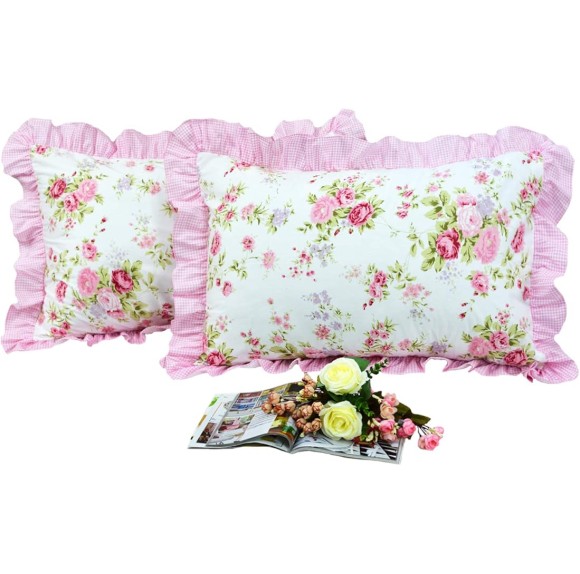 Shabby Pink Duvet Cover Set Rose Floral Bedding Collection Elegant Princess Lace Ruffle Quilt Cover Set for Girls 4 Pieces King Size