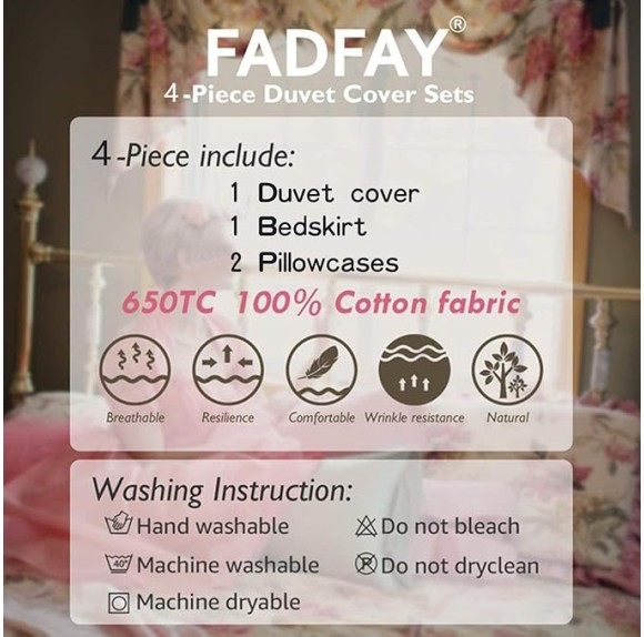 Shabby Pink Duvet Cover Set Rose Floral Bedding Collection Elegant Princess Lace Ruffle Quilt Cover Set for Girls 4 Pieces King Size