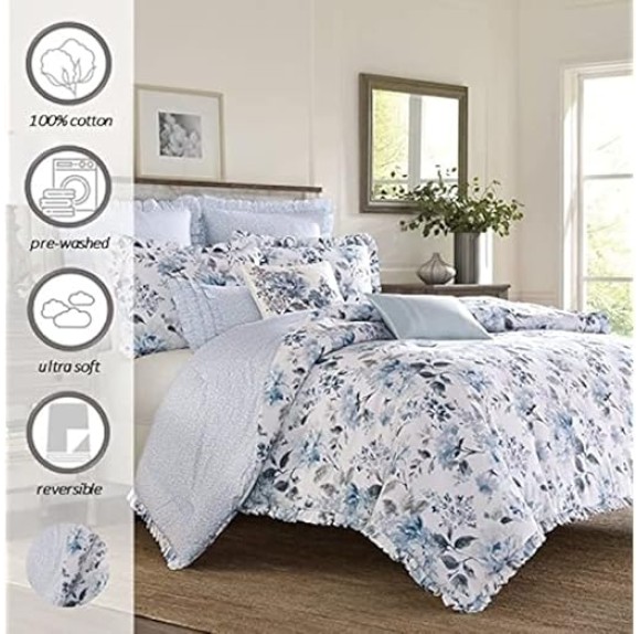 Home - King Duvet Cover Set, Reversible Cotton Bedding with Matching Shams, Lightweight Home Decor for All Seasons (Chloe Blue, King)