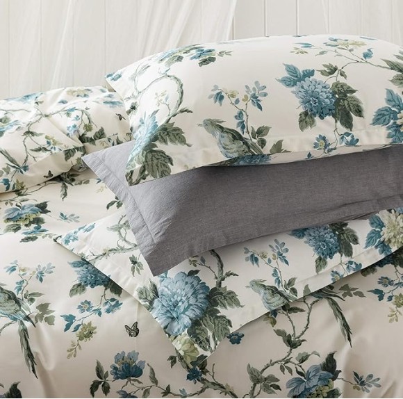 Exotic Modern Floral Print Bedding Birds Flowers Dusty Grey Design 100% Cotton Duvet Cover 3pc Set Hibiscus Blossom Branches in Muted Gray Blue (Super King, Egret White)