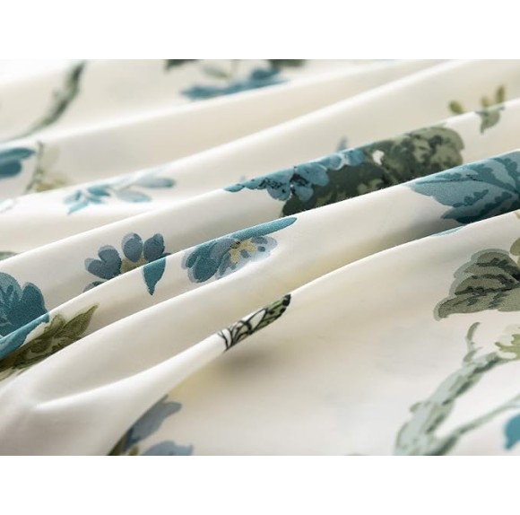 Exotic Modern Floral Print Bedding Birds Flowers Dusty Grey Design 100% Cotton Duvet Cover 3pc Set Hibiscus Blossom Branches in Muted Gray Blue (Super King, Egret White)