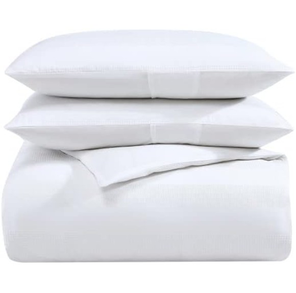King Duvet Cover Set, Luxury Cotton Bedding with Matching Shams, All Season Home Decor (Waffle Stripe White, King)