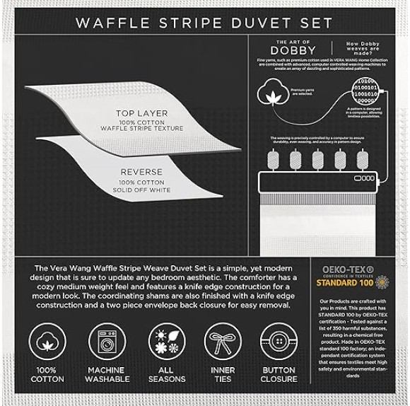 King Duvet Cover Set, Luxury Cotton Bedding with Matching Shams, All Season Home Decor (Waffle Stripe White, King)