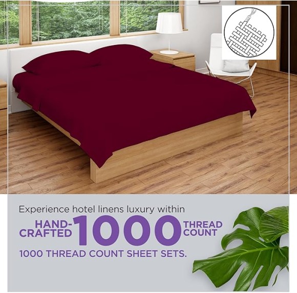 Luxury 100% Egyptian Cotton Bed Sheets - 1000 Thread Count 4-Piece King Sheets Set, Long Staple Cotton Bedding Sheets, Sateen Weave, Hotel Sheets, Fits Upto 18" Mattress - Burgundy