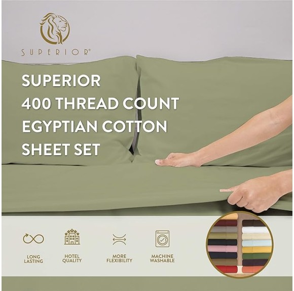 Egyptian Cotton Sheet Set Premium 400 Thread Count 100% Egyptian Cotton Solid Sheets Set Soft Sateen Weave Hotel Style 18" Deep Pocket Fitted Flat and Pillow Cases - California King, Sage