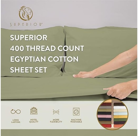 Egyptian Cotton Sheet Set Premium 400 Thread Count 100% Egyptian Cotton Solid Sheets Set Soft Sateen Weave Hotel Style 18" Deep Pocket Fitted Flat and Pillow Cases - King, Hunter Green