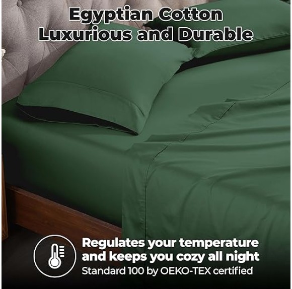 Egyptian Cotton Sheet Set Premium 400 Thread Count 100% Egyptian Cotton Solid Sheets Set Soft Sateen Weave Hotel Style 18" Deep Pocket Fitted Flat and Pillow Cases - King, Hunter Green