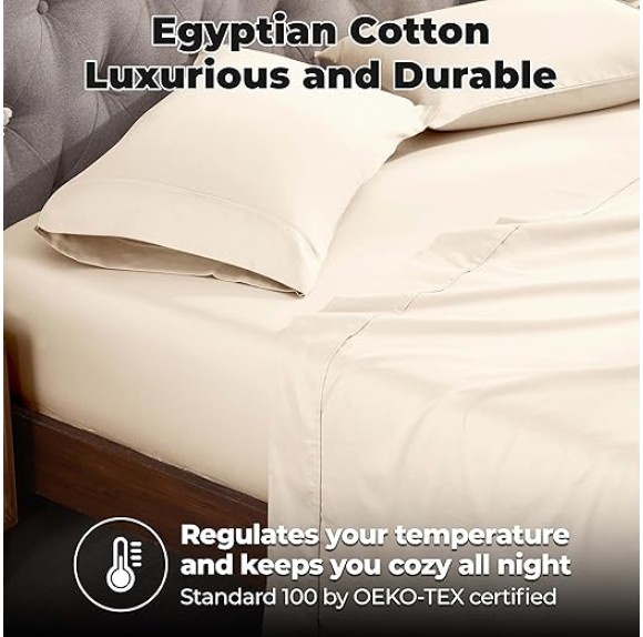 Egyptian Cotton Sheet Set Premium 400 Thread Count 100% Egyptian Cotton Solid Sheets Set Soft Sateen Weave Hotel Style 18" Deep Pocket Fitted Flat and Pillow Cases - Olympic Queen, Ivory