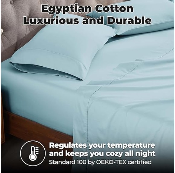 Egyptian Cotton Sheet Set Premium 400 Thread Count 100% Egyptian Cotton Solid Sheets Soft Sateen Weave Hotel Style 18" Deep Pocket Fitted Flat and Pillow Cases - California King, Light Blue
