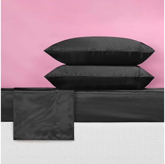 King Sheets, Luxurious Satin Bedding Set, Smooth & Silky Home Decor (Black, King)