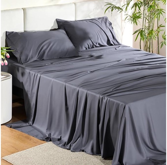 Queen Sheet Set, Cooling Sheets for Queen Size Bed Set, Rayon Derived from Bamboo, Breathable & Soft Deep Pocket Up to 16", Hotel Luxury Silky Bedding Sheets & Pillowcases, Dark Grey