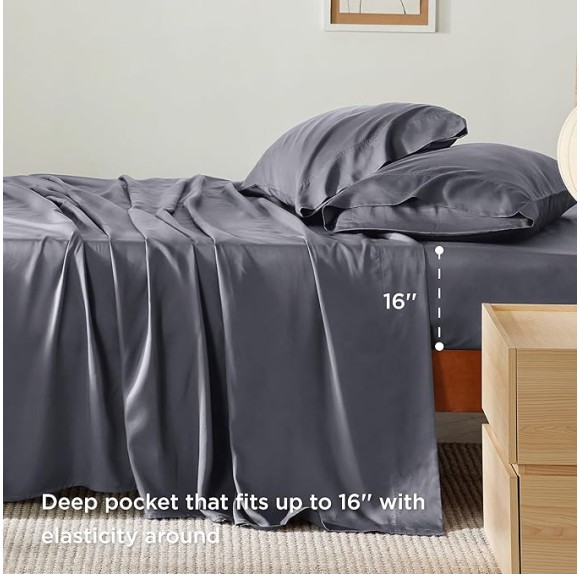 Queen Sheet Set, Cooling Sheets for Queen Size Bed Set, Rayon Derived from Bamboo, Breathable & Soft Deep Pocket Up to 16", Hotel Luxury Silky Bedding Sheets & Pillowcases, Dark Grey