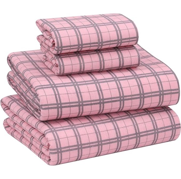 Flannel Sheets Queen Size - 100% Cotton Double Brushed Bed Sheets, Deep Pockets 16 Inches Queen Sheet Set, All Seasons Breathable & Extra Soft - Warm & Cozy, 4 Piece, Check & Bolt Pink