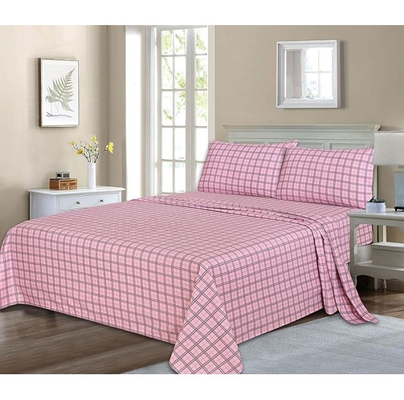 Flannel Sheets Queen Size - 100% Cotton Double Brushed Bed Sheets, Deep Pockets 16 Inches Queen Sheet Set, All Seasons Breathable & Extra Soft - Warm & Cozy, 4 Piece, Check & Bolt Pink