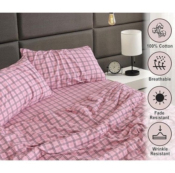 Flannel Sheets Queen Size - 100% Cotton Double Brushed Bed Sheets, Deep Pockets 16 Inches Queen Sheet Set, All Seasons Breathable & Extra Soft - Warm & Cozy, 4 Piece, Check & Bolt Pink