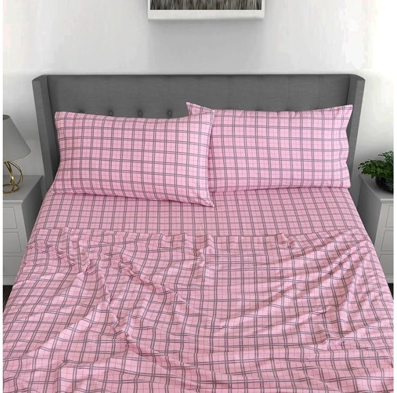 Flannel Sheets Queen Size - 100% Cotton Double Brushed Bed Sheets, Deep Pockets 16 Inches Queen Sheet Set, All Seasons Breathable & Extra Soft - Warm & Cozy, 4 Piece, Check & Bolt Pink
