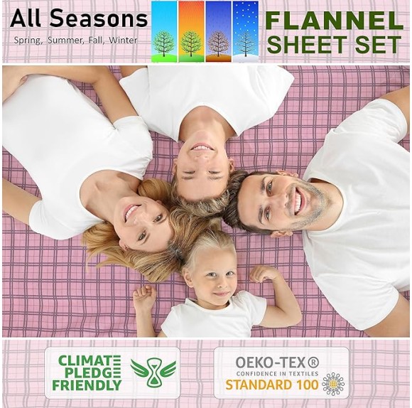 Flannel Sheets Queen Size - 100% Cotton Double Brushed Bed Sheets, Deep Pockets 16 Inches Queen Sheet Set, All Seasons Breathable & Extra Soft - Warm & Cozy, 4 Piece, Check & Bolt Pink