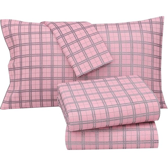 Flannel Sheets Queen Size - 100% Cotton Double Brushed Bed Sheets, Deep Pockets 16 Inches Queen Sheet Set, All Seasons Breathable & Extra Soft - Warm & Cozy, 4 Piece, Check & Bolt Pink