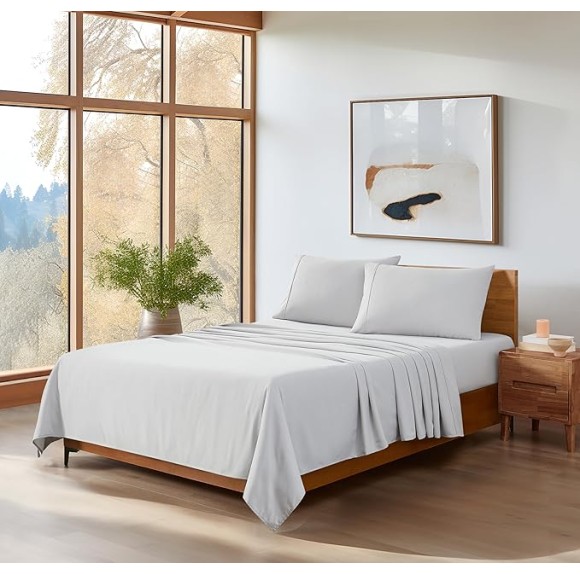 01331 Alahna King Bed Sheets and Pillowcases 4-Piece Set Sleep in Luxury Machine Washable Deep Pockets Wrinkle-Resistant Silky Cooling Technology for All-Season Comfort, King, Stone
