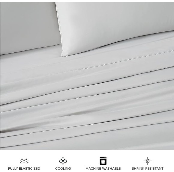 01331 Alahna King Bed Sheets and Pillowcases 4-Piece Set Sleep in Luxury Machine Washable Deep Pockets Wrinkle-Resistant Silky Cooling Technology for All-Season Comfort, King, Stone