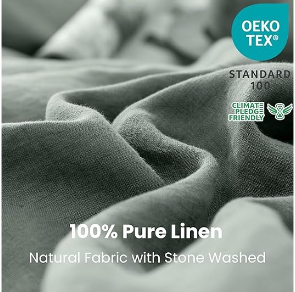 100% Linen Duvet Cover Set 2pcs with Coconut Button Closure Natural French Washed Flax Solid Color Soft Breathable Farmhouse Bedding - Cushing Green, Twin Size