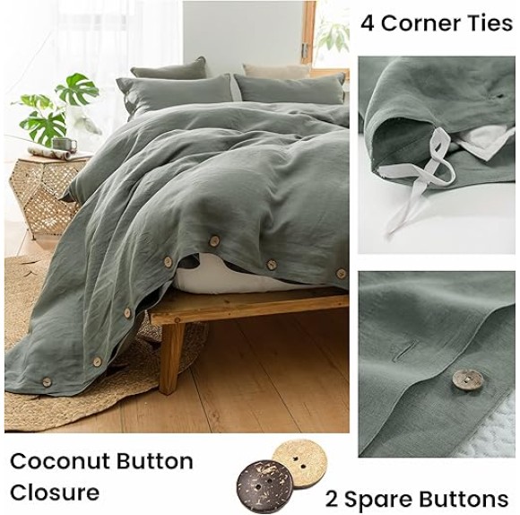 100% Linen Duvet Cover Set 2pcs with Coconut Button Closure Natural French Washed Flax Solid Color Soft Breathable Farmhouse Bedding - Cushing Green, Twin Size