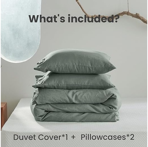 100% Linen Duvet Cover Set 2pcs with Coconut Button Closure Natural French Washed Flax Solid Color Soft Breathable Farmhouse Bedding - Cushing Green, Twin Size