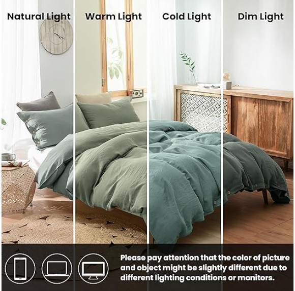 100% Linen Duvet Cover Set 2pcs with Coconut Button Closure Natural French Washed Flax Solid Color Soft Breathable Farmhouse Bedding - Cushing Green, Twin Size