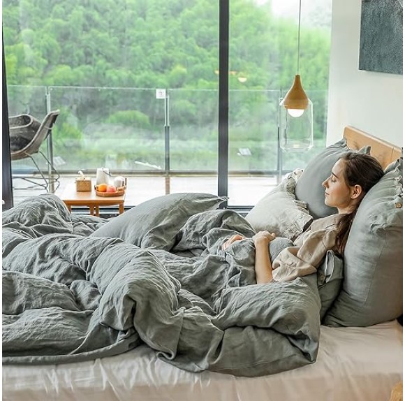 100% Linen Duvet Cover Set 2pcs with Coconut Button Closure Natural French Washed Flax Solid Color Soft Breathable Farmhouse Bedding - Cushing Green, Twin Size