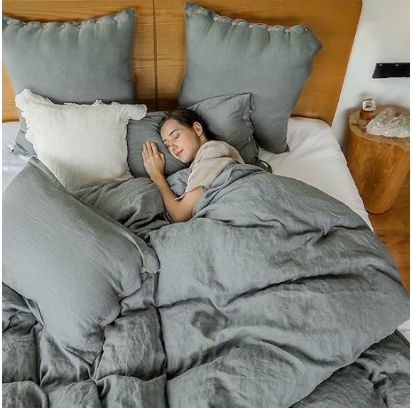 100% Linen Duvet Cover Set 2pcs with Coconut Button Closure Natural French Washed Flax Solid Color Soft Breathable Farmhouse Bedding - Cushing Green, Twin Size