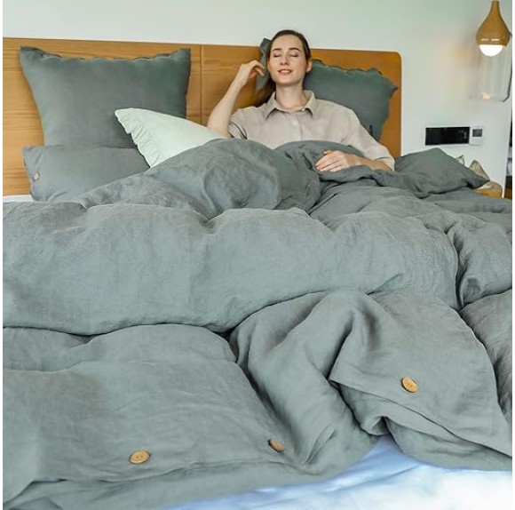100% Linen Duvet Cover Set 2pcs with Coconut Button Closure Natural French Washed Flax Solid Color Soft Breathable Farmhouse Bedding - Cushing Green, Twin Size