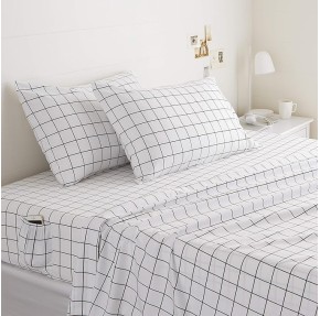 Soft Microfiber 4-Piece Bed Sheet Set with Elastic Side Pockets, Full, Black Grid, Geometric